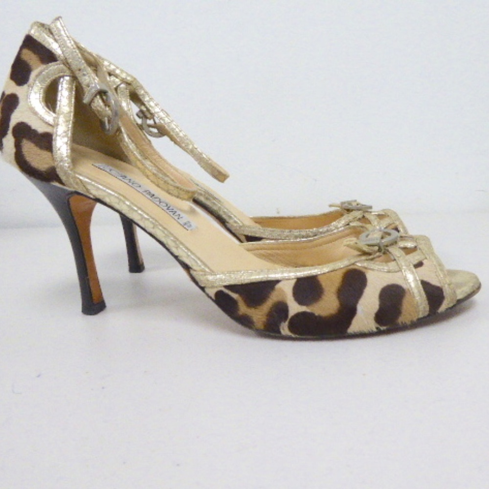 LUCIANO PADOVAN PEEP TOE LEOPARD gold high ankle strap Heels 40.5 10 Vintage